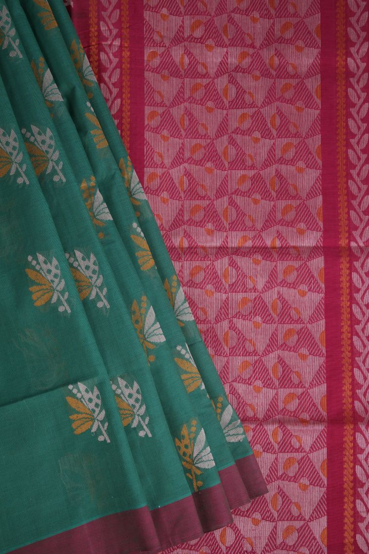 Basil Green Pure Handloom Kovai Cotton with Without Zari Zari Floral Patterns view 1