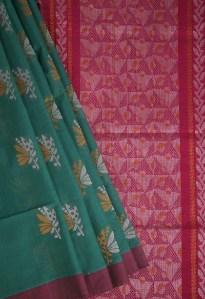 Basil Green Pure Handloom Kovai Cotton with Without Zari Zari Floral Patterns