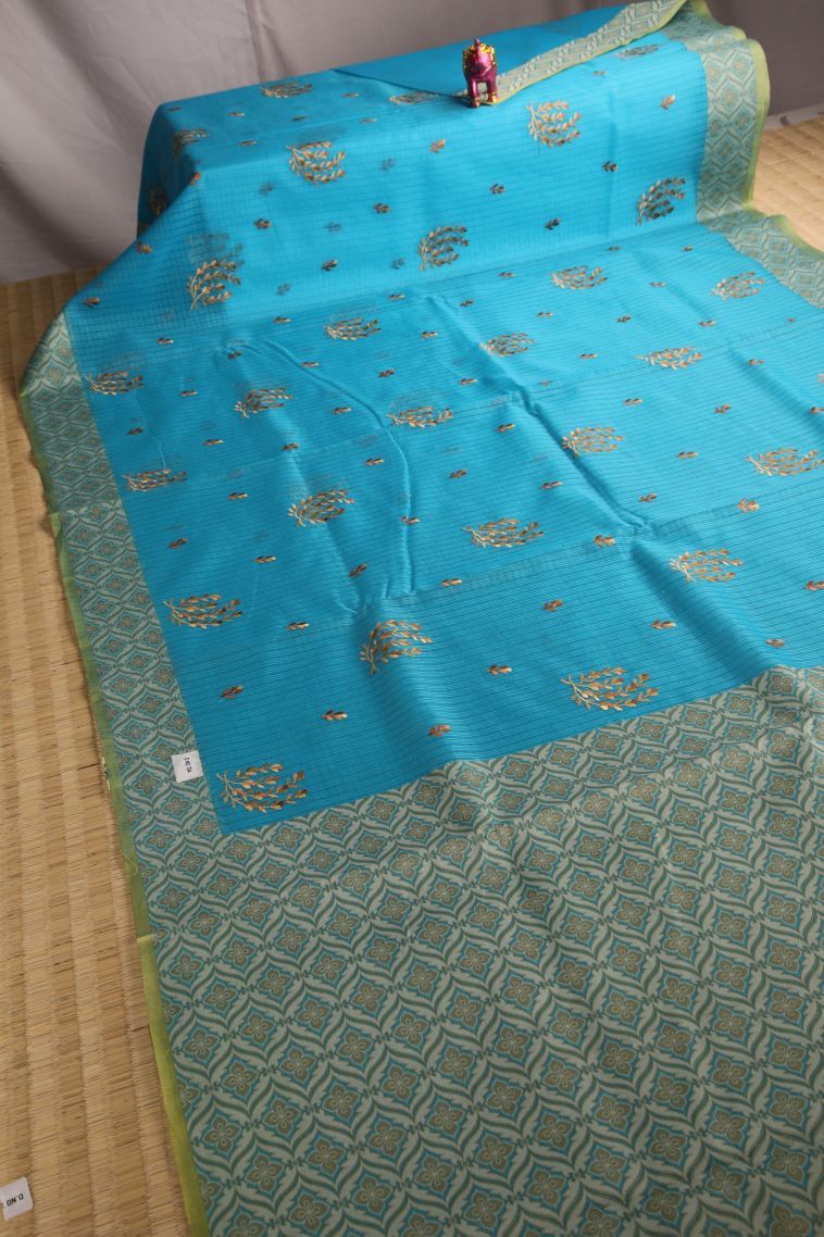 Cerulean Blue Manipuri Cotton Sarees with Gold Zari Floral Patterns view 2