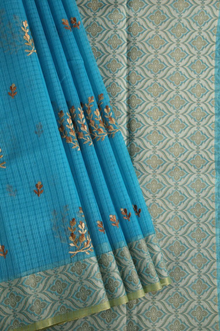 Cerulean Blue Manipuri Cotton Sarees with Gold Zari Floral Patterns view 1