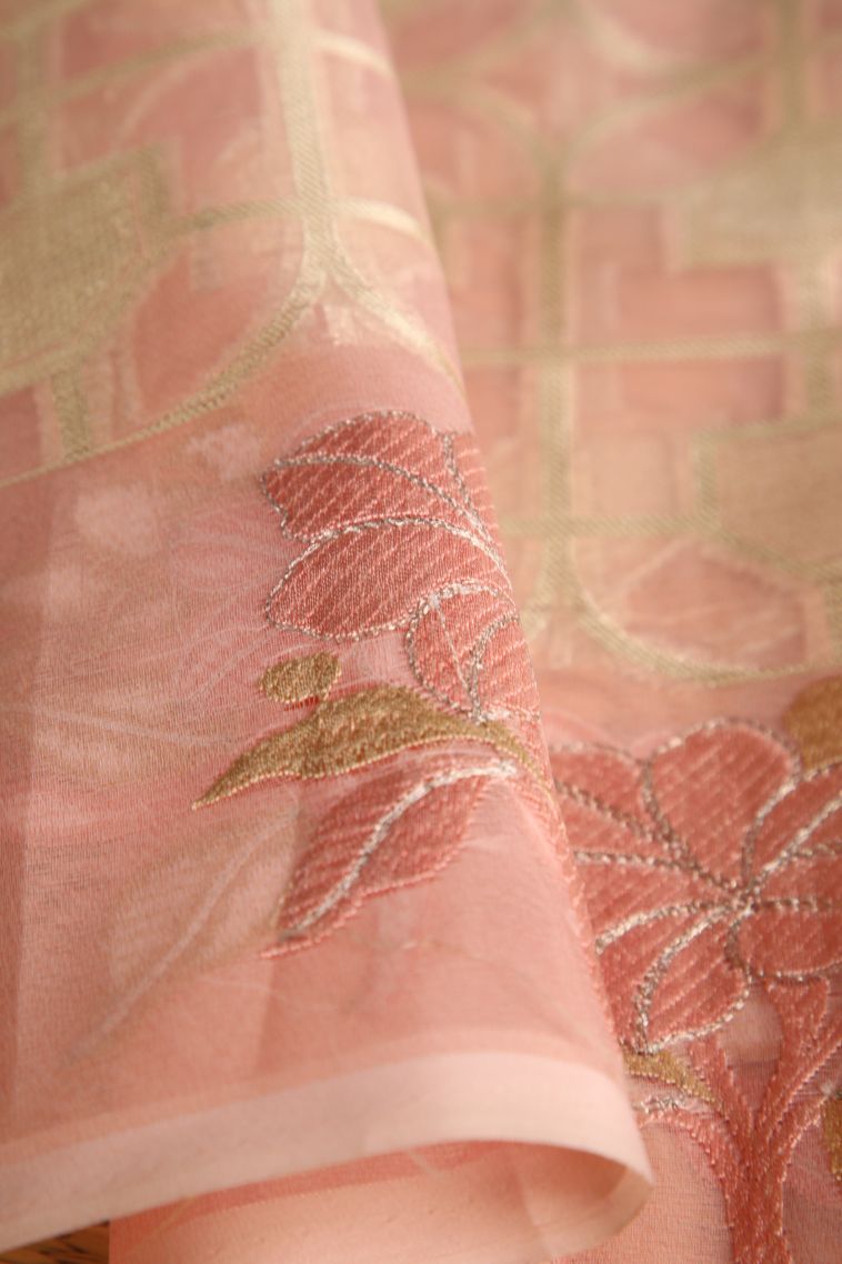 Peach Pink Organza Saree with Antic Zari Geometric Shapes view 4