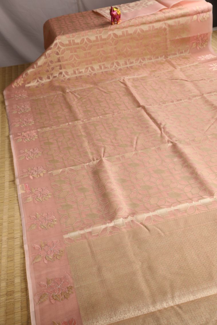 Peach Pink Organza Saree with Antic Zari Geometric Shapes view 2