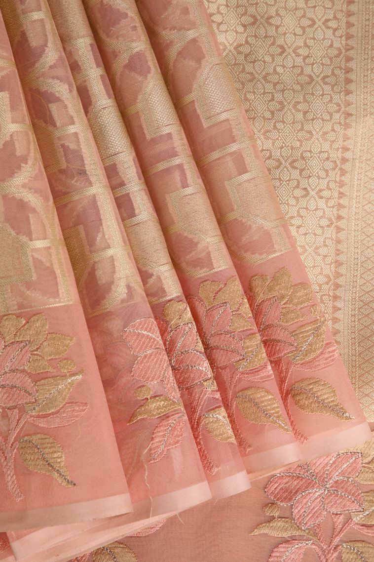 Peach Pink Organza Saree with Antic Zari Geometric Shapes view 1