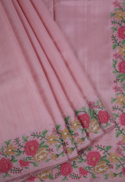 Crepe Pink Tussar Saree with Without Zari Zari Stripes