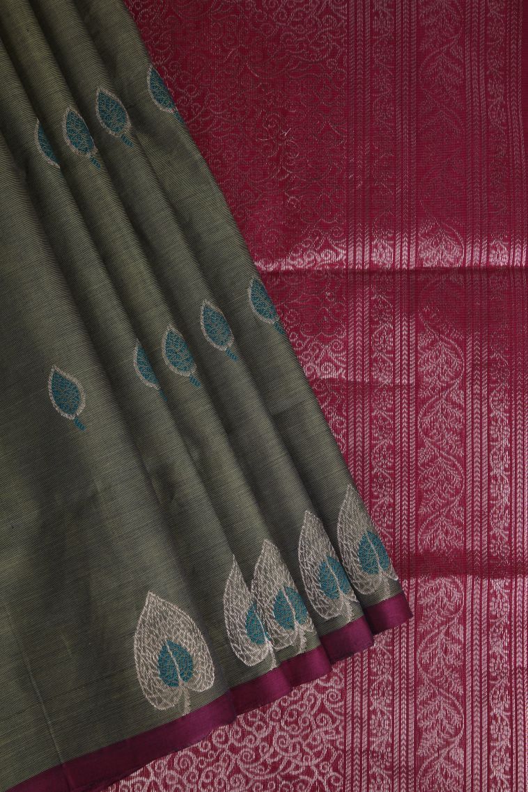 Sage Green Pure Handloom Kovai Cotton with Without Zari Zari Floral Patterns view 1