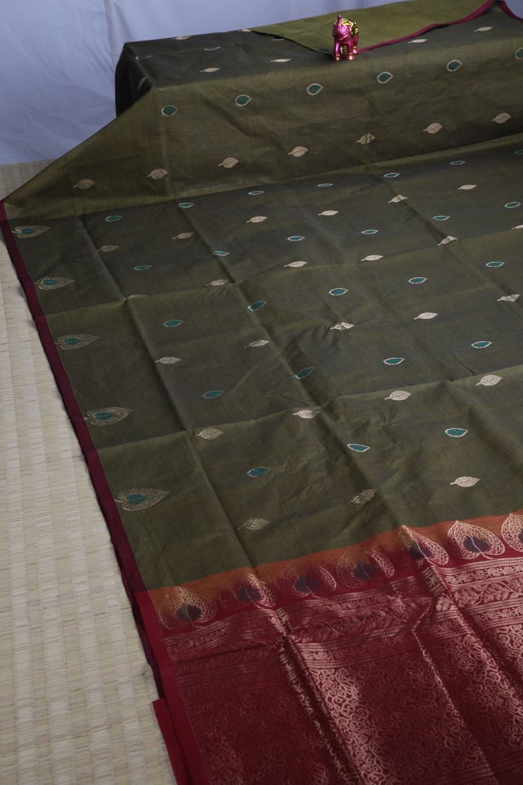 Sage Green Pure Handloom Kovai Cotton with Without Zari Zari Floral Patterns view 2
