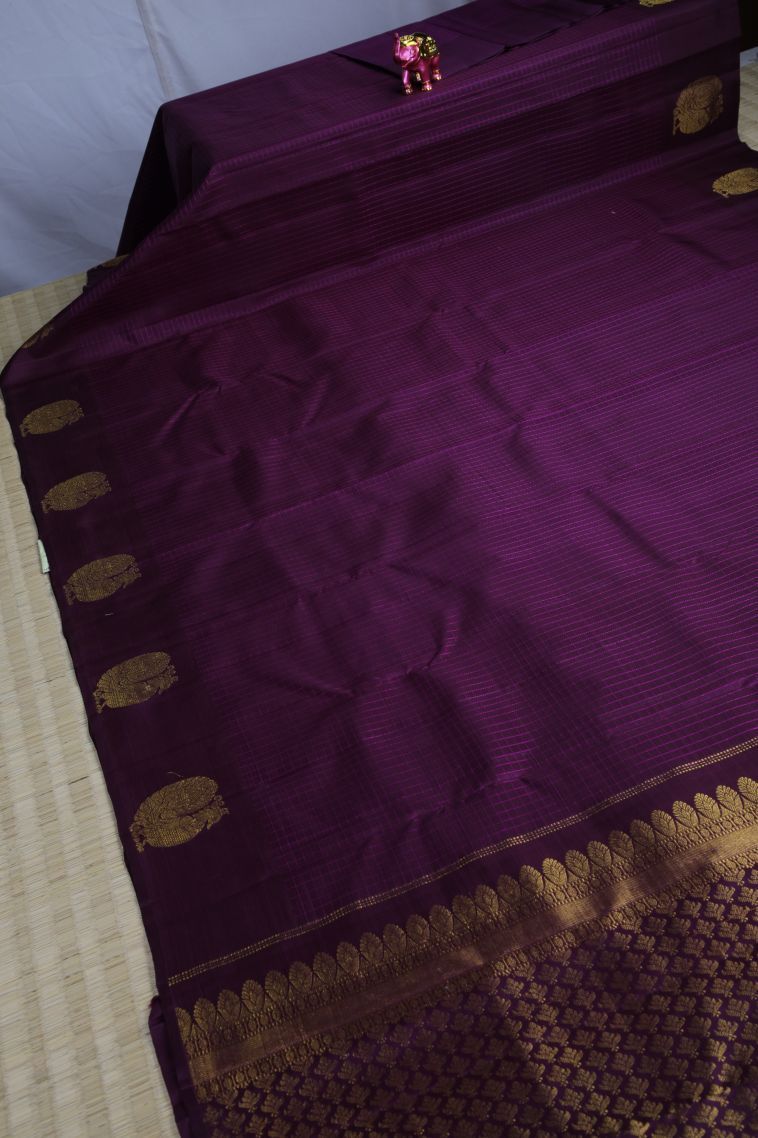 Bosenberry Purple Kanchipuram Silk Sarees with Gold Zari Checks view 2