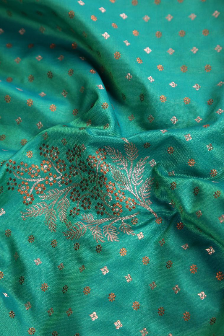 Teal Blue Apoorva Silk Sarees with Gold Zari Floral Patterns view 4