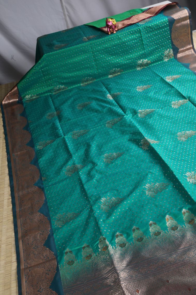 Teal Blue Apoorva Silk Sarees with Gold Zari Floral Patterns view 2