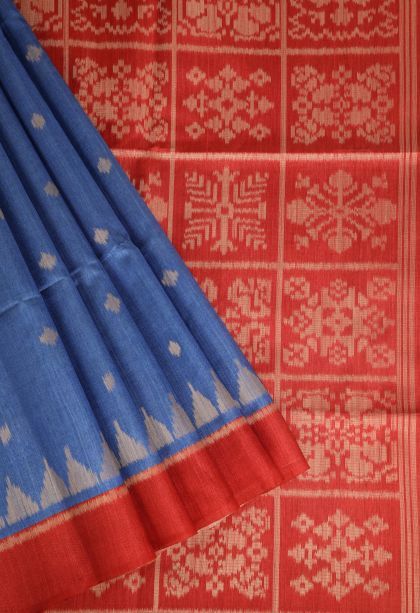 Cobalt Blue Semi Tussar Silk with Gold Zari Buttis (small Dots Or Motifs)