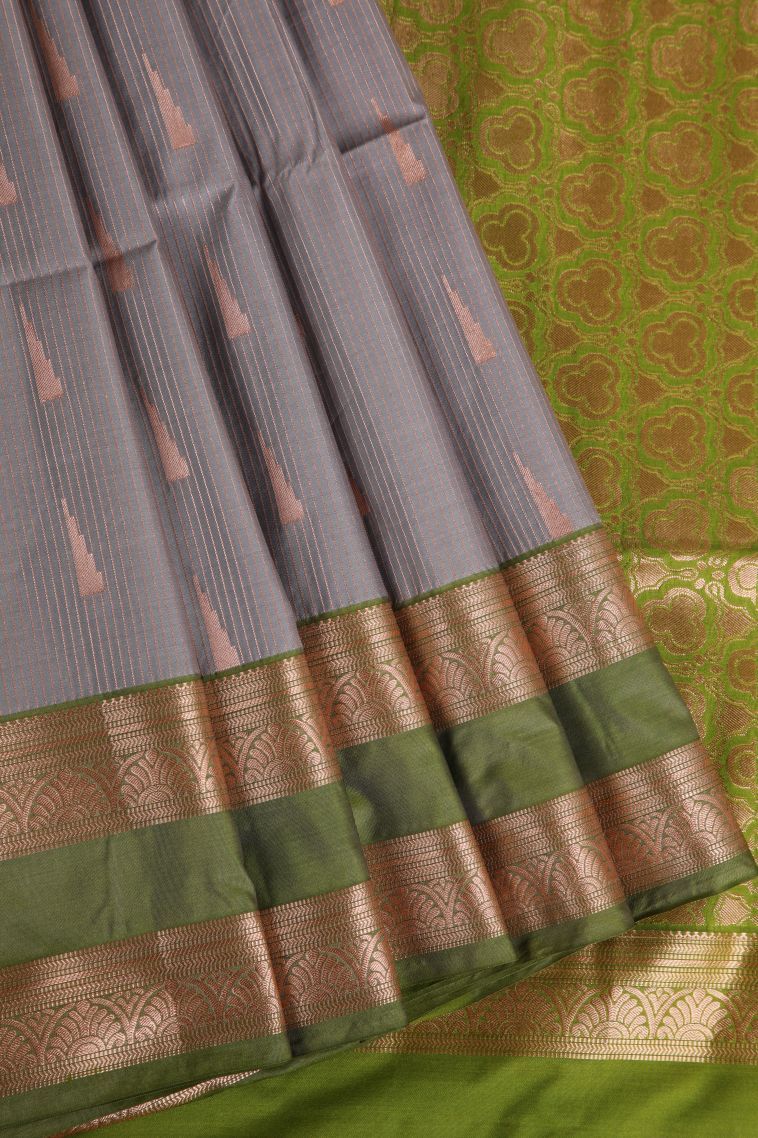 Damp Black Soft Silk Saree with Copper Zari Geometric Shapes view 1