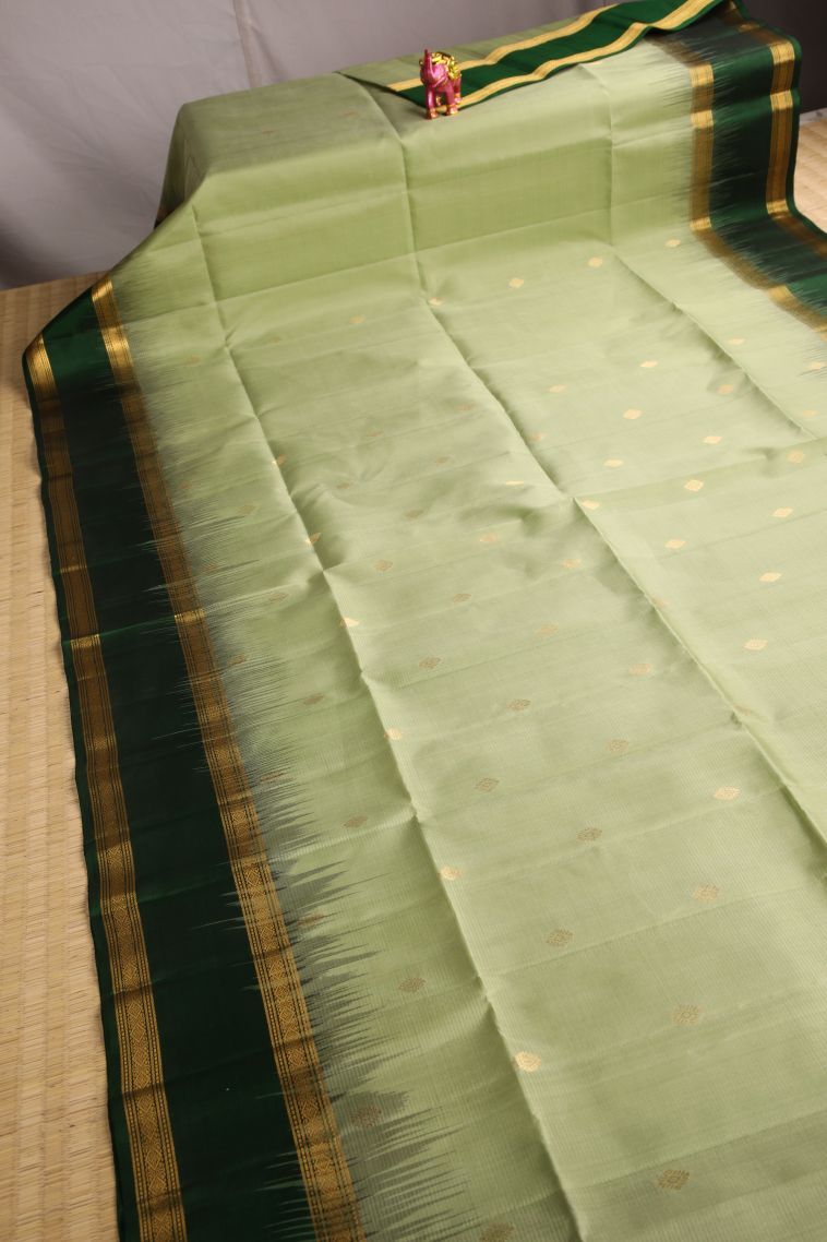 Olive Green Soft Silk Saree with Gold Zari Buttis (small Dots Or Motifs) view 2