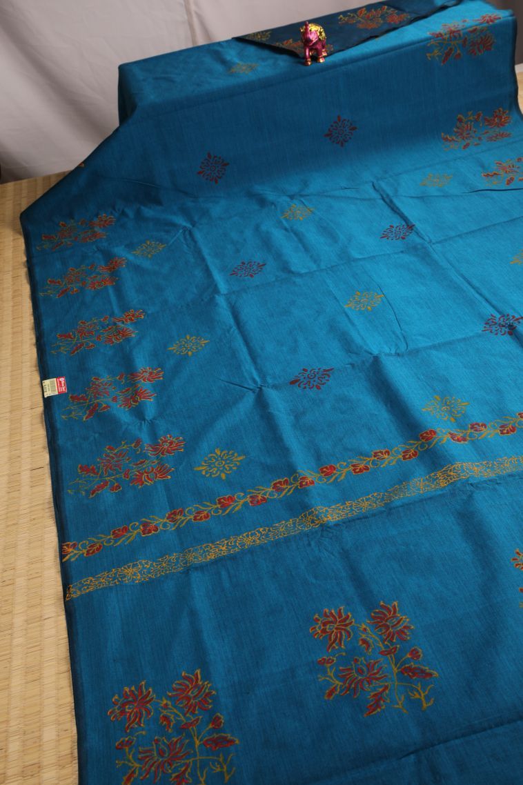 Aegean Blue Poly Cotton Sarees with Without Zari Zari Floral Patterns view 2
