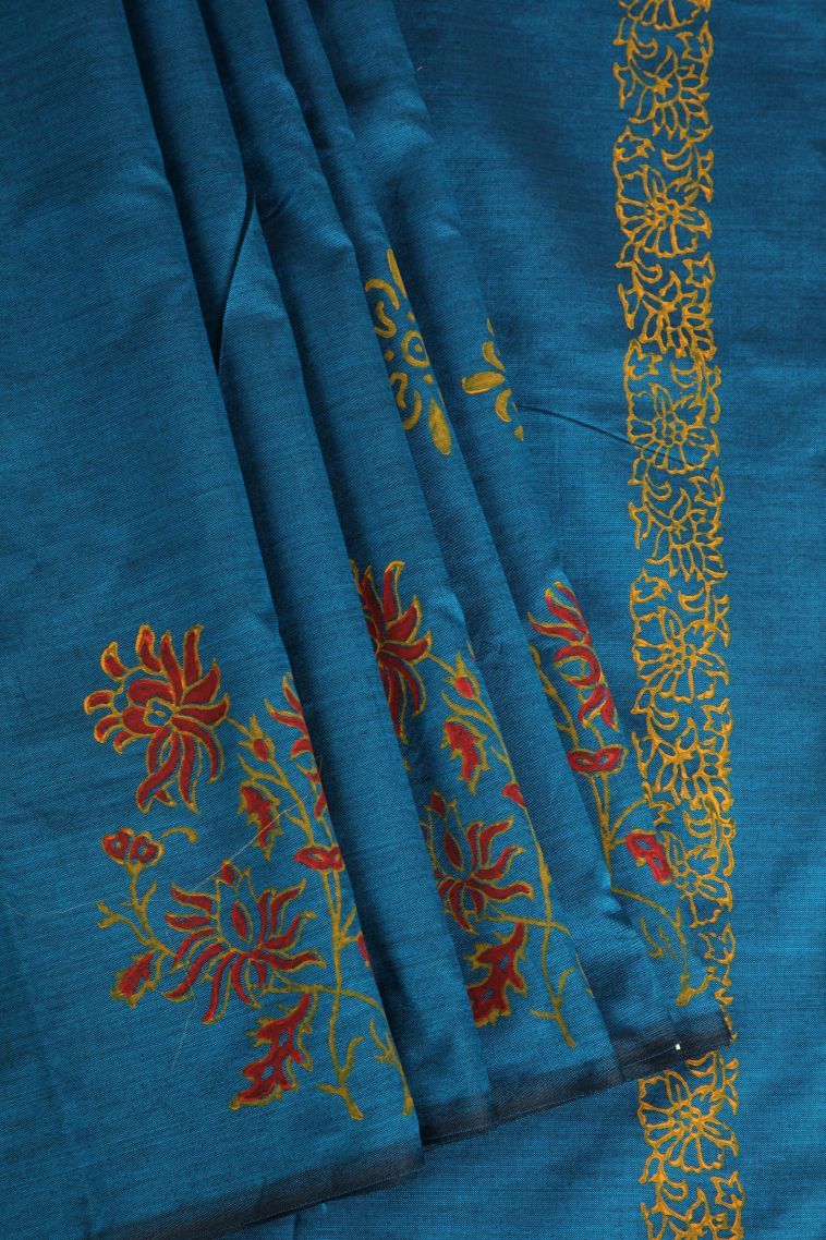 Aegean Blue Poly Cotton Sarees with Without Zari Zari Floral Patterns view 1