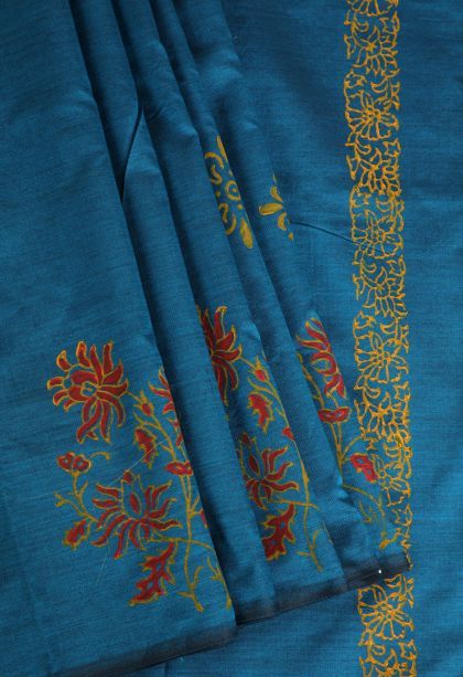 Aegean Blue Poly Cotton Sarees with Without Zari Zari Floral Patterns