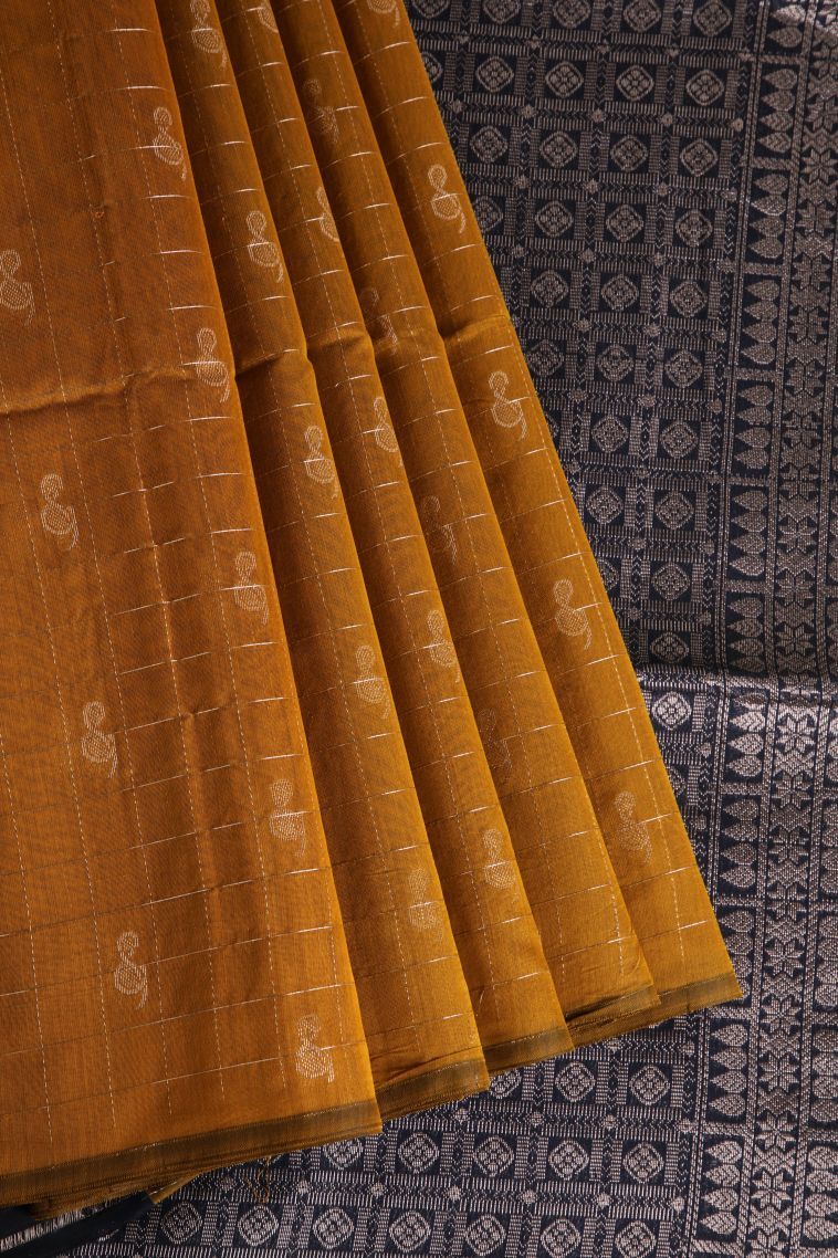 Rich Gold Silk Cotton Sarees with Silver Zari Checks And Puttas view 1