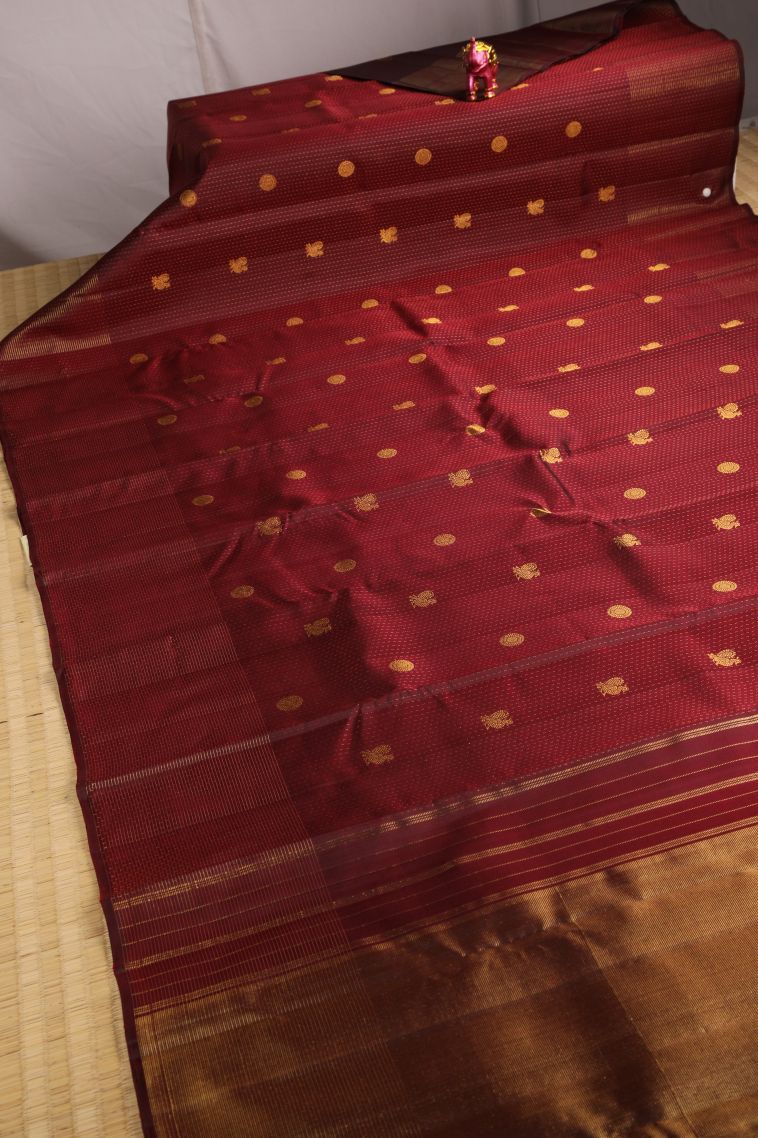 Currant Red Kanchipuram Silk Sarees with Gold Zari Peacock Motifs view 2