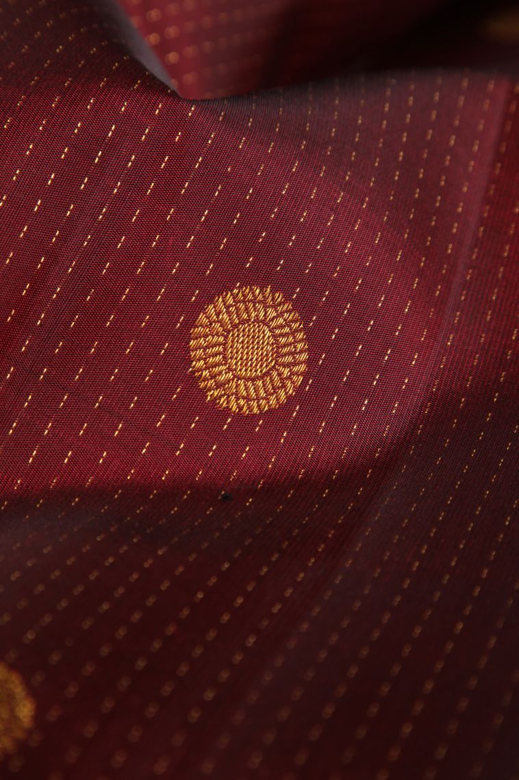 Currant Red Kanchipuram Silk Sarees with Gold Zari Peacock Motifs view 4