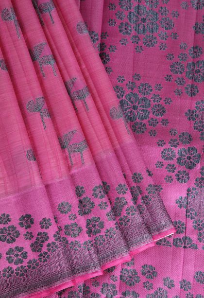 Taffy Pink Raw Silk Sarees with Without Zari Zari Floral Patterns