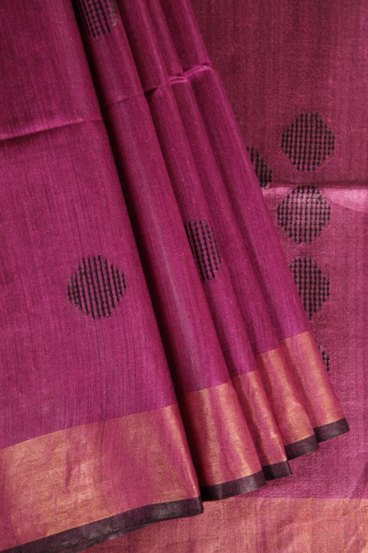Grape Purple Jute Sarees with Gold Zari Geometric Shapes view 1