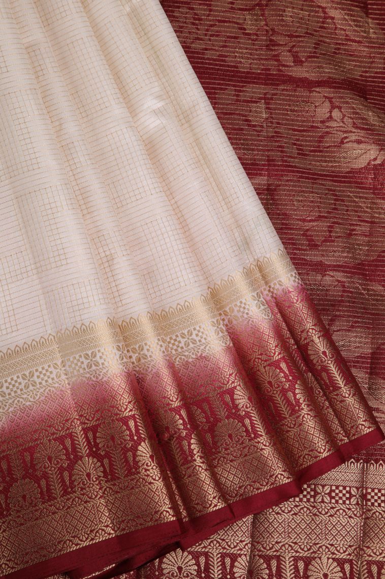 Cream White Raw Silk Sarees with Gold Zari Geometric Shapes view 1