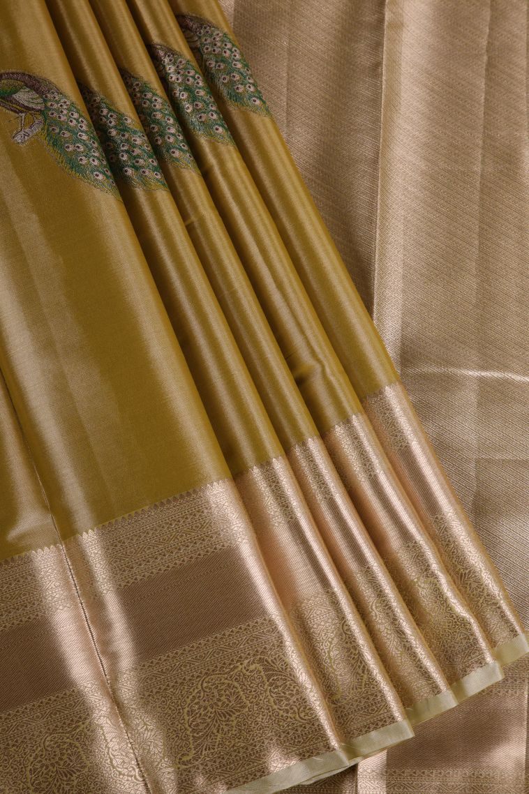 Metallic Gold Tissue Silk Sarees with Gold Zari Peacock Motifs view 1