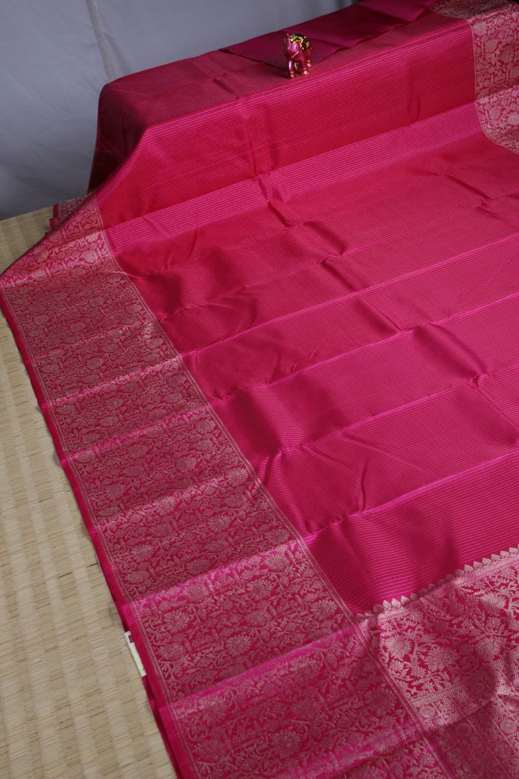 Magenta  Pink Kanchipuram Silk Sarees with Silver Zari Stripes view 2