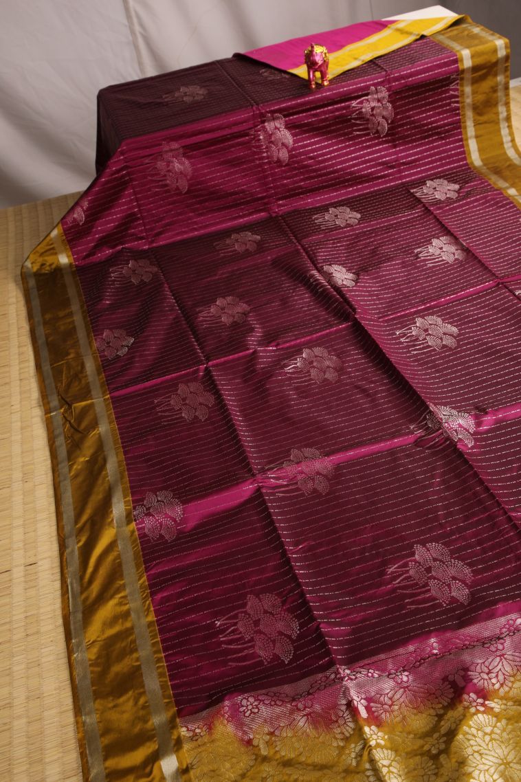 Magenta Purple Soft Silk Saree with Silver Zari Floral Puttas view 2