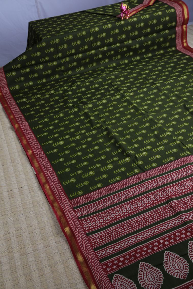 Paris Green Chanderi Cotton Sarees with Without Zari Zari Floral Patterns view 2
