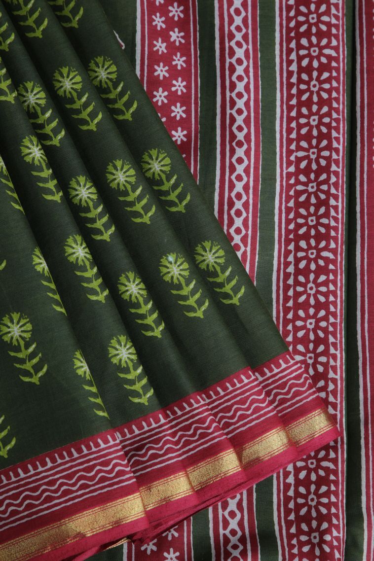 Paris Green Chanderi Cotton Sarees with Without Zari Zari Floral Patterns view 1