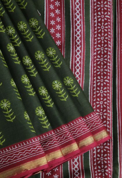 Paris Green Chanderi Cotton Sarees with Without Zari Zari Floral Patterns