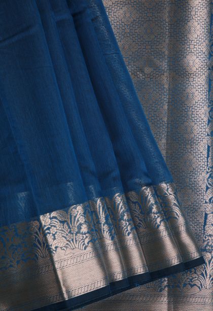 Cerulean Blue Chanderi Cotton Sarees with Gold Zari Plain