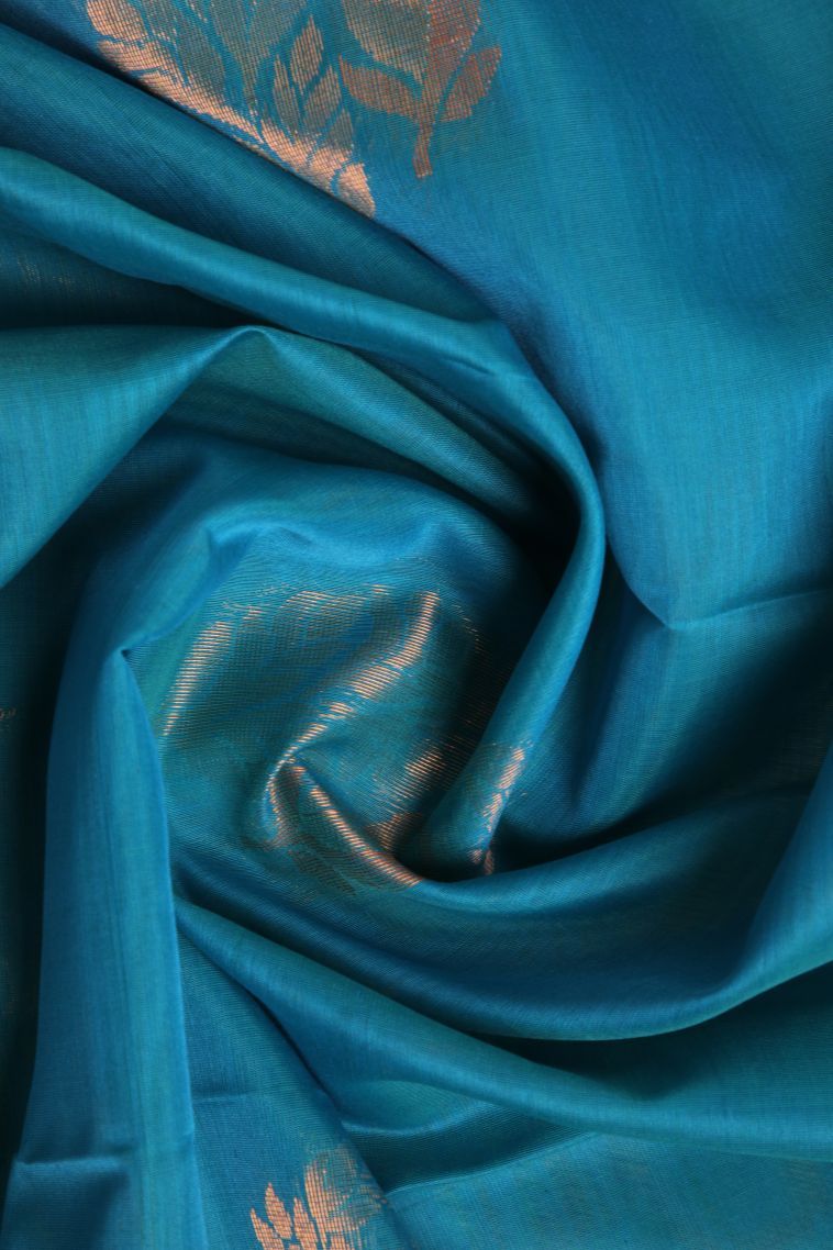 Cerulean Blue Silk Cotton Sarees with Gold Zari Manga view 4