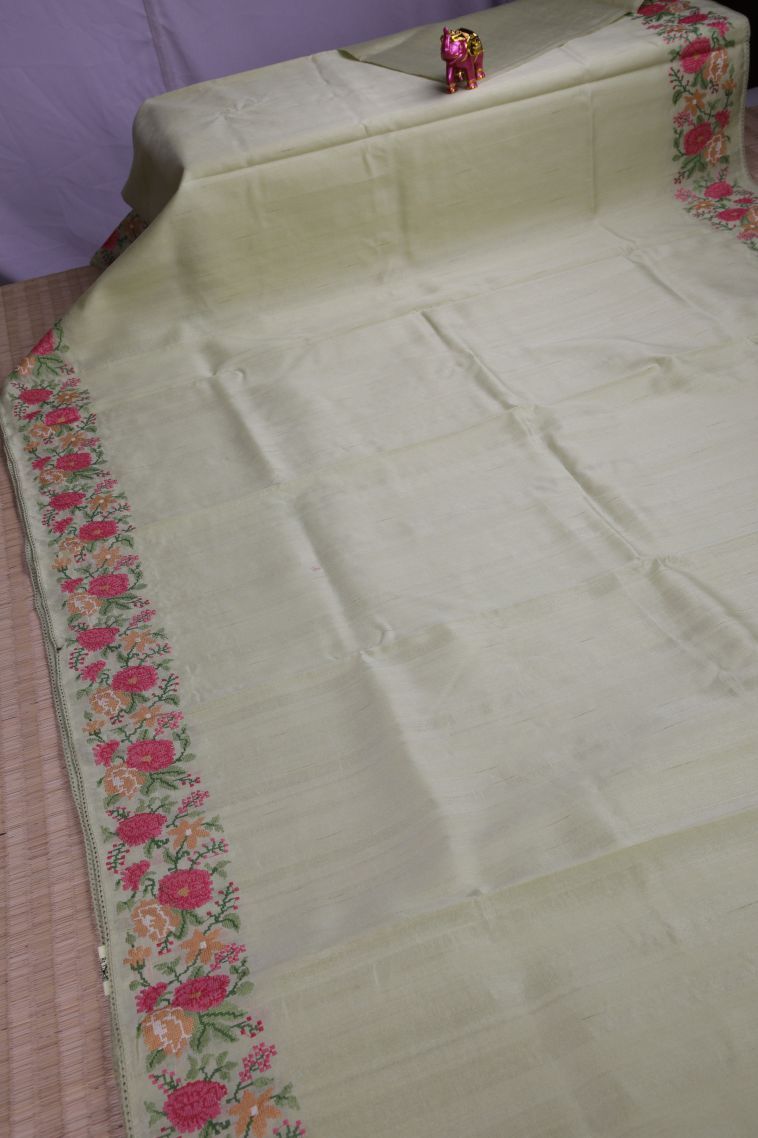 Pistachio Green Tussar Saree with Without Zari Zari Stripes view 2
