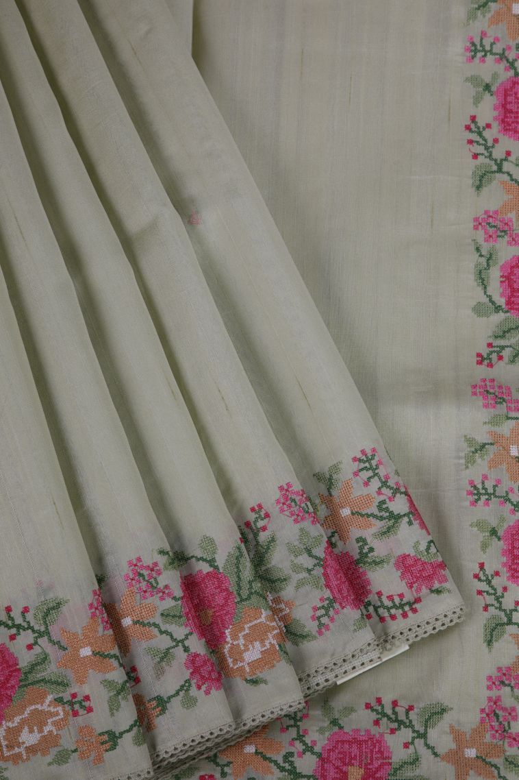 Pistachio Green Tussar Saree with Without Zari Zari Stripes view 1