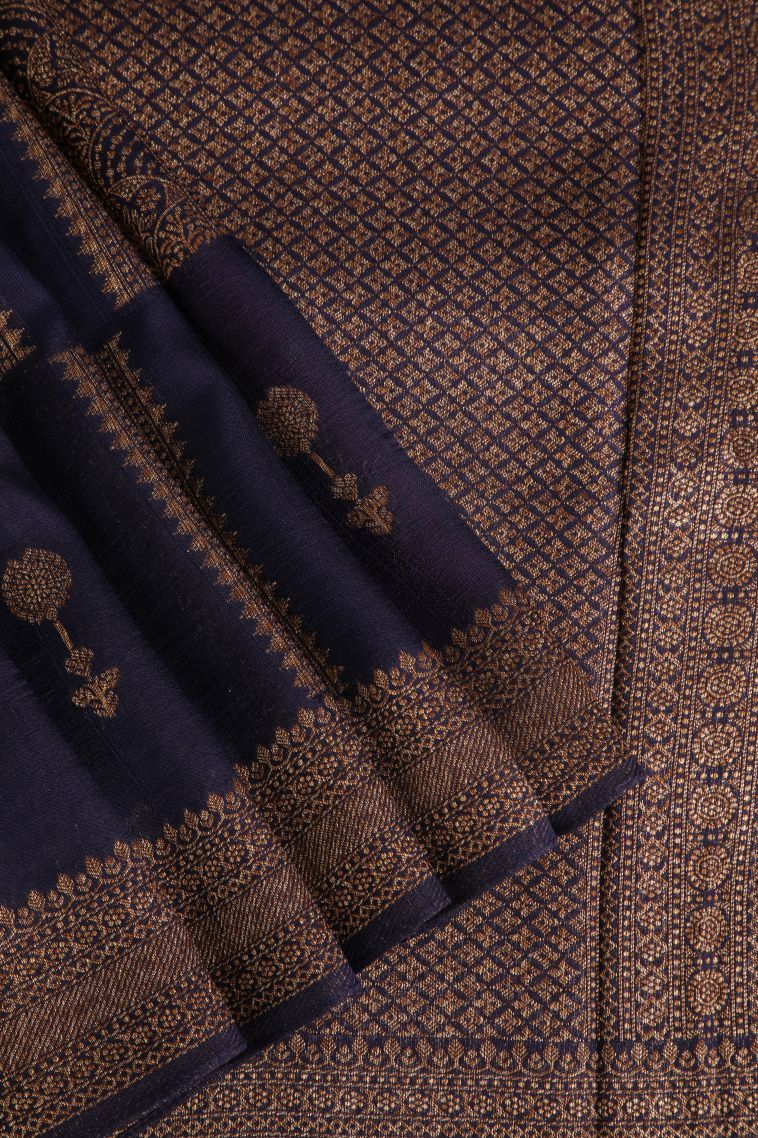 Berry Blue Banaras Sarees with Gold Zari Geometric Shapes view 1