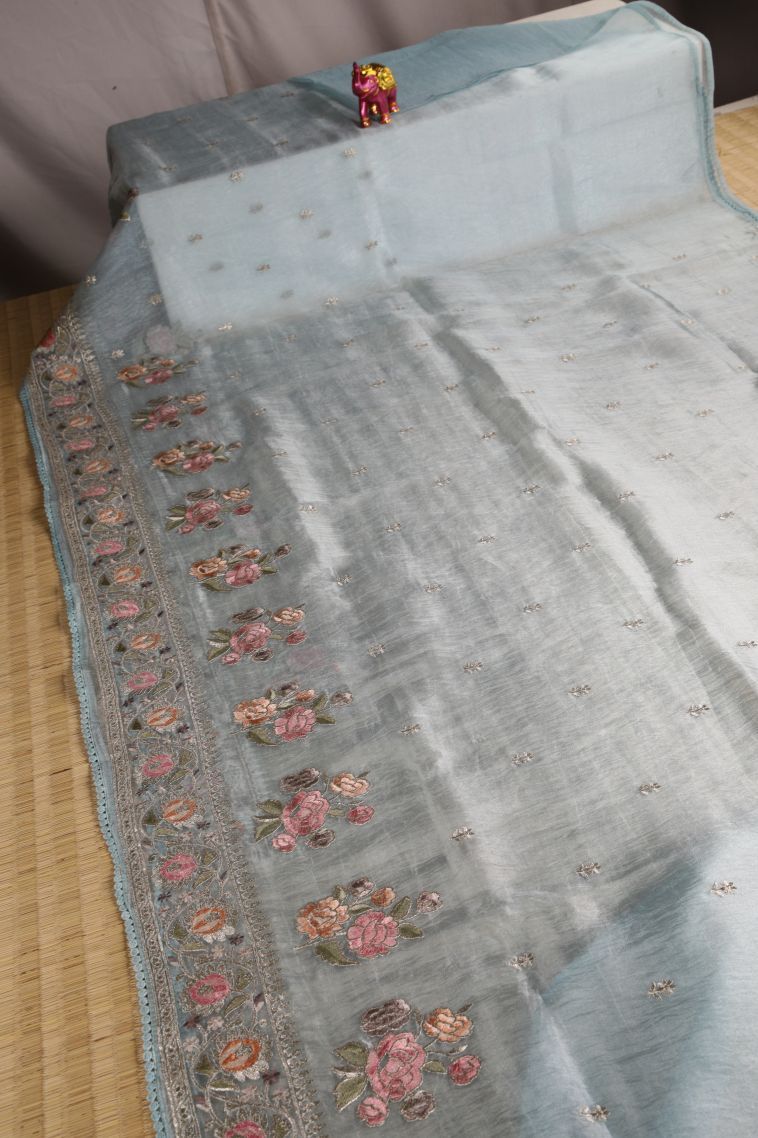 Sky Blue Organza Saree with Silver Zari Floral Patterns view 2