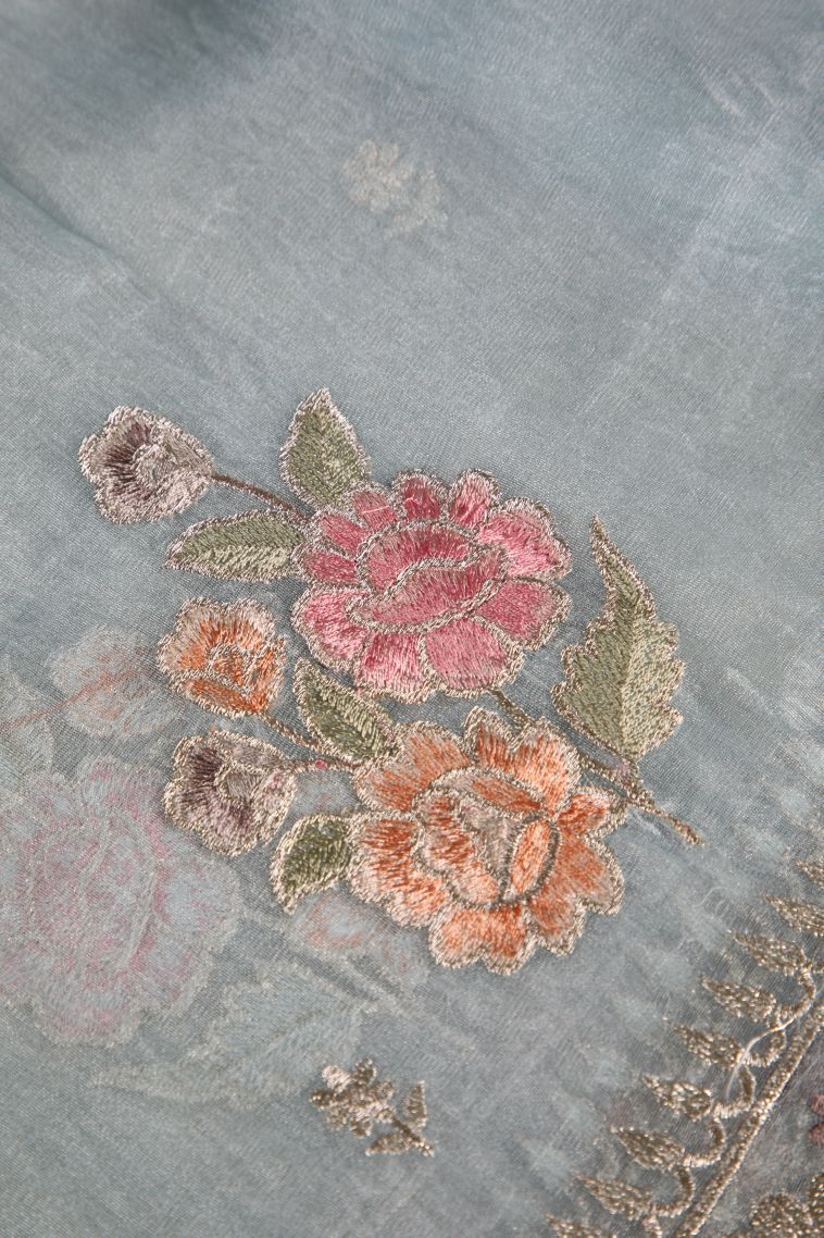 Sky Blue Organza Saree with Silver Zari Floral Patterns view 4