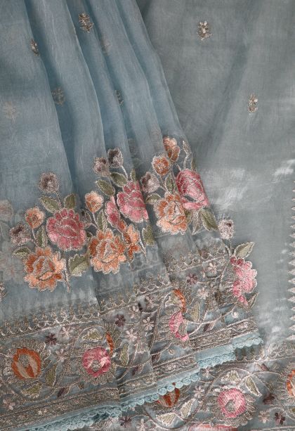 Sky Blue Organza Saree with Silver Zari Floral Patterns