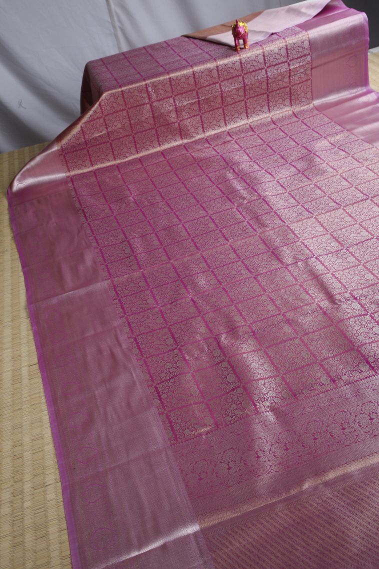 Rose Pink Tissue Silk Sarees with Gold Zari Floral Patterns view 2