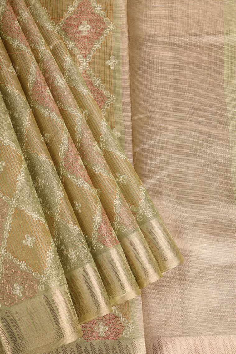 Olive Green Tissue Silk Sarees with Gold Zari Geometric Shapes view 1