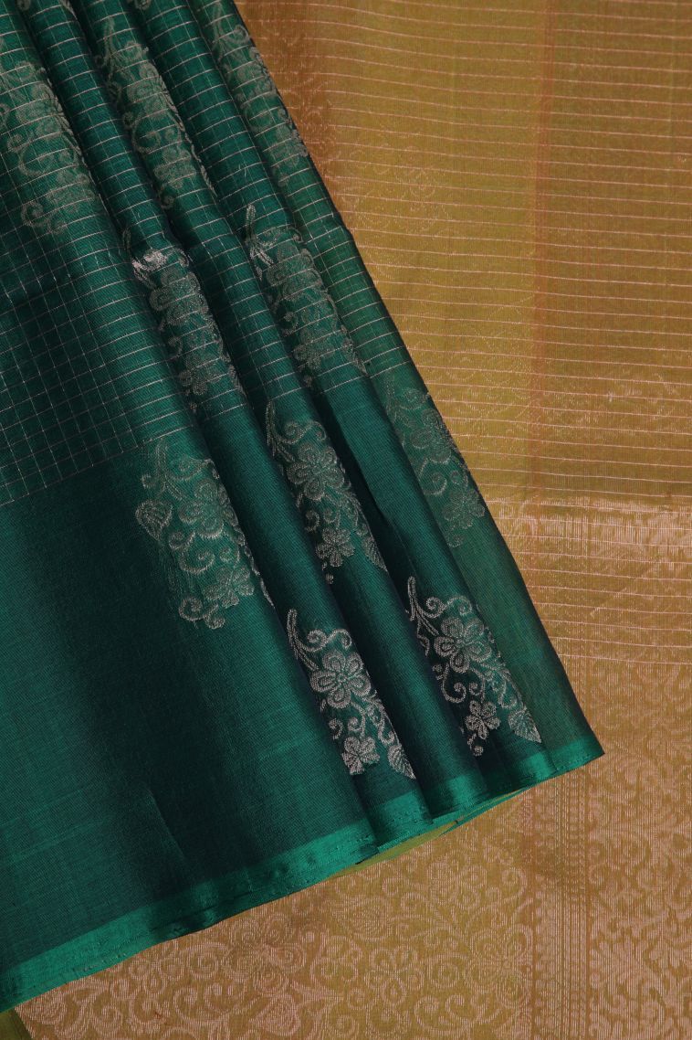 Pine Green Silk Cotton Sarees with Gold Zari Floral Patterns view 1