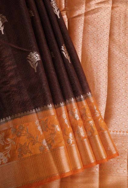 Cinnamon Brown Jute Sarees with Gold Zari Floral Puttas