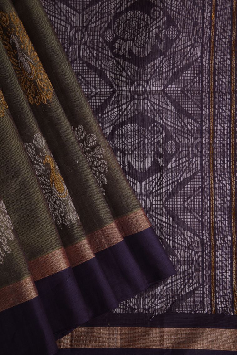 Seaweed Green Pure Handloom Kovai Cotton with Without Zari Zari Peacock Motifs view 1
