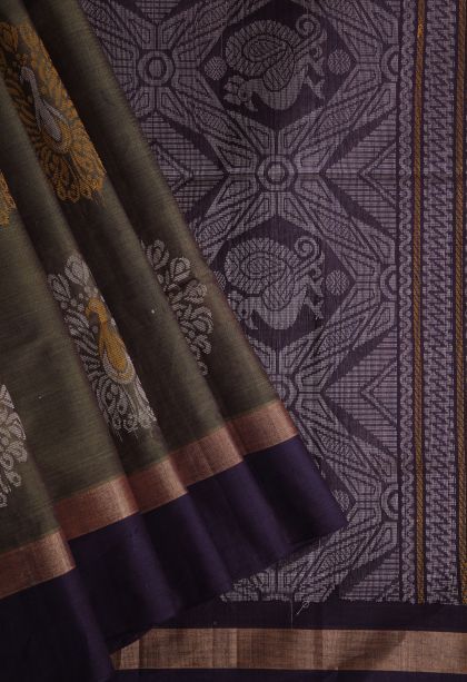 Seaweed Green Pure Handloom Kovai Cotton with Without Zari Zari Peacock Motifs