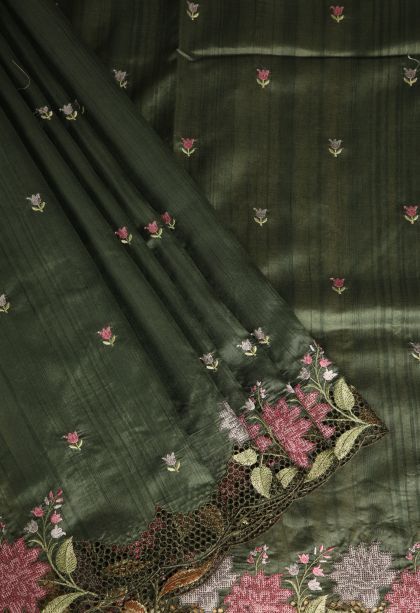 Juniper Green Semi Tussar Silk with Without Zari Zari Floral Patterns
