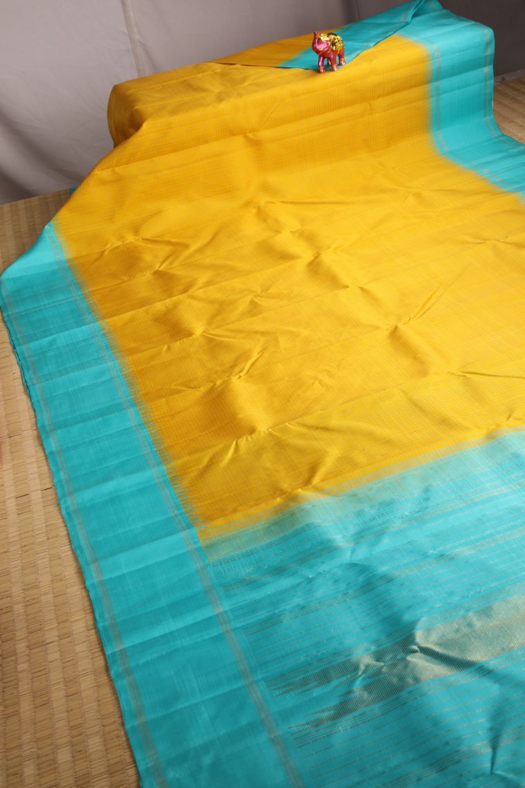 Lemon Yellow Kanchipuram Silk Sarees with Gold Zari Checks view 2