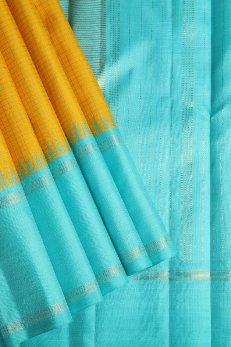 Lemon Yellow Kanchipuram Silk Sarees with Gold Zari Checks view 1