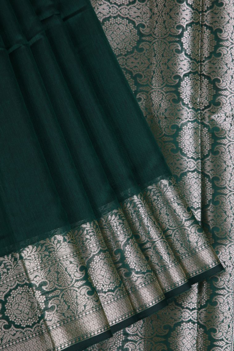 Bottle Green Chanderi Cotton Sarees with Gold Zari Plain view 1