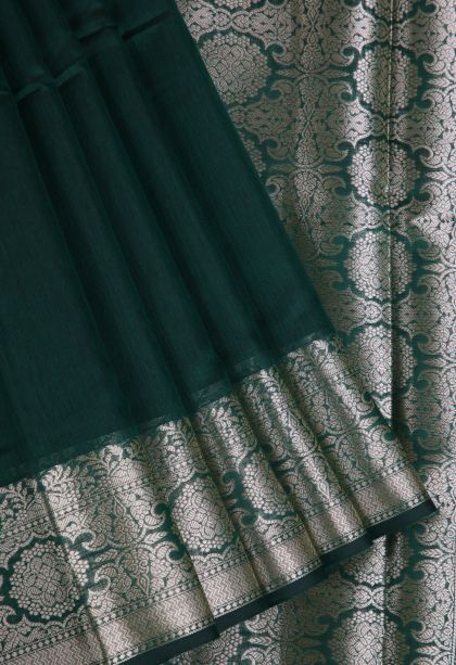 Bottle Green Chanderi Cotton Sarees with Gold Zari Plain